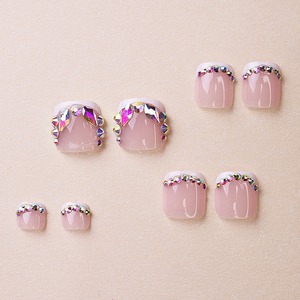 Kit d'ongles à presser pour les pieds, Faux ongles artificiels roses français colorés avec diamants, Prêts à poser, Produits de beauté - Product Image 3