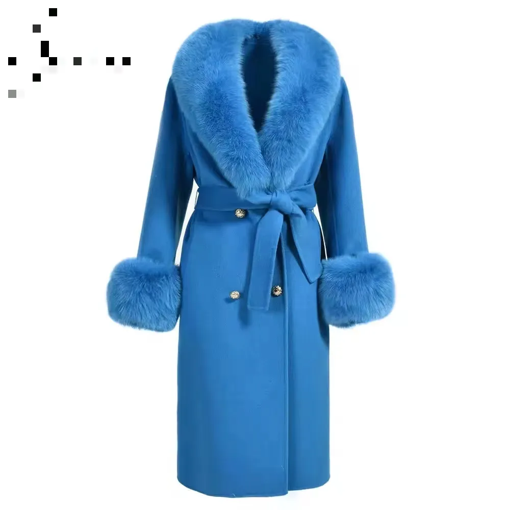 Mantel wol wanita mode 2024 mantel bulu rubah asli Cuff wanita kustom musim semi musim semi mantel bulu kasmir wanita