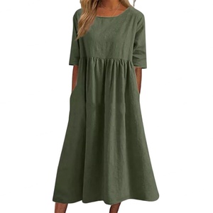 Vestido de Lino para Mujer de Alta Calidad OEM, Venta al Por Mayor, Estilo Casual, Largo Midi, con Cuello, Manga Corta, Cintura Natural, Color Sólido - Product Image 5