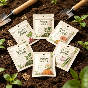 MOQ 200 PZ Piccole Buste Personalizzate in Carta Kraft con Chiusura a Zip su 3 Lati, Sacchetti Stampati per <span class=keywords><strong>Semi</strong></span> di Verdure e Fiori Domestici - Product Image 1