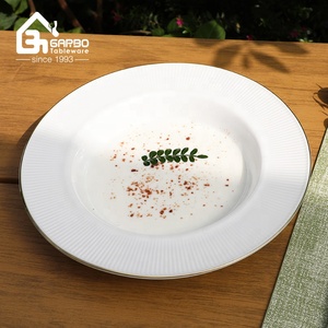 Assiette à soupe en verre opale blanc de luxe avec bord doré, 200 mm, vaisselle en verre laiteux, assiette ronde à rayures, plat profond en verre de 20 cm - Product Image 2