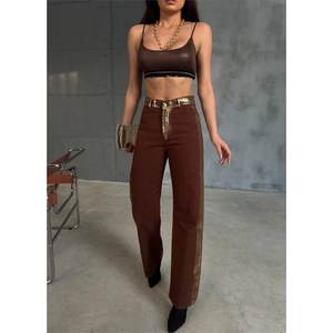 Pantalones Palazzo de Gabardina para Mujer, Transpirables, Suaves, Color Marrón, con Decoración a Rayas, Talla XL, Casuales, Clásicos, para Oficina, Otoño - Product Image 3