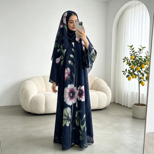 Conjunto de Abaya con Estampado Floral para el Ramadán y el Eid, Vestido Musulmán para Mujer, Kimono Abierto de Chifón con Hiyab, Venta al Por Mayor - Product Image 2