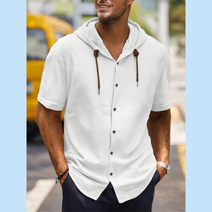 Camisa <span class=keywords><strong>Casual</strong></span> Masculina ChenYue em Algodão e Linho, Cardigã de Manga Curta, Moletom com Capuz, Respirável, Tamanho Europeu Oversized - Product Image 3