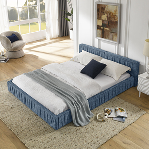 Queen Size Adjustable <b>Convertible</b> Chenille Fabric <b>Bed</b> Frame with Pleated Design and Grounded Platform Headboard - Product Image 2