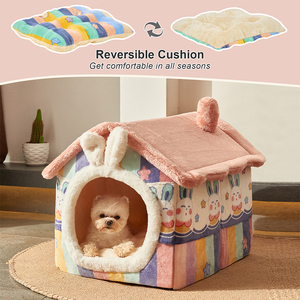 Mignonne petite maison pour chien d'intérieur, lit tente pliable avec coussin, lit grotte pour chien avec fond antidérapant, rose - Product Image 2