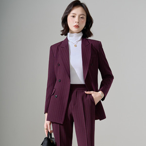 Pink Striped Suit Set Women Double Breasted Blazer Pants Formal Work Wear Autumn British Style Anti-Wrinkle Polyester Fabric - Product Image 2