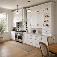 Kabinet Pulau Dapur Modern Kayu Solid Pintu Display Kaca Akrilik Panel Terangkat Putih Klasik 3 Laci Proyek Villa Kustom