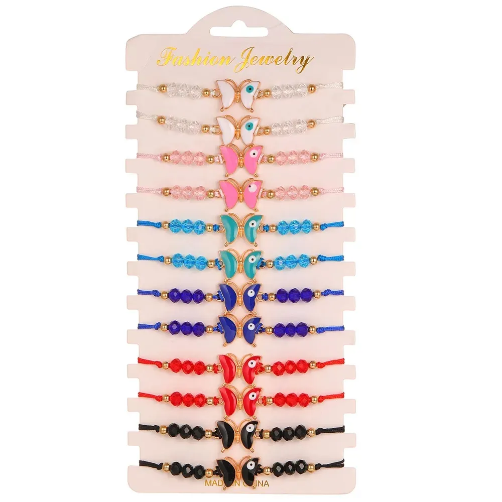 12pcs/lot Hot Sale Handmade Woven Rope Chain Bracelet Heart Buttfly Eye Crystal Beads Fashion Cuff Jewelry for Women