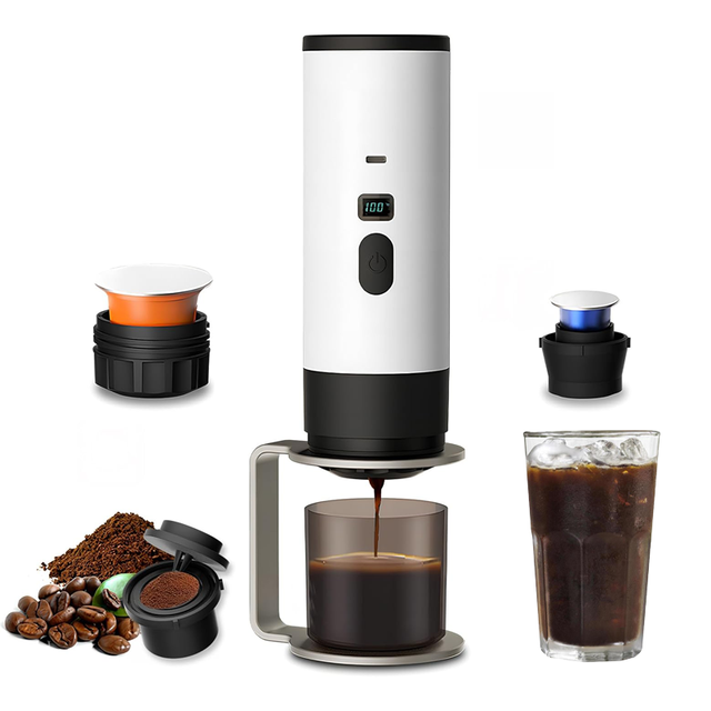 3-in-1 Portable Travel Coffee Maker Compatible with Pods, Ground Coffee, Self-Heating Small Mini Espresso Machine With Stand