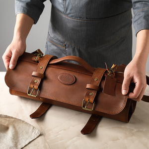 HEZHEN新しいブラウンレザーシェフナイフロールバッグ調節可能な高級キッチンアクセサリー収納ポーチギフト - Product Image 5