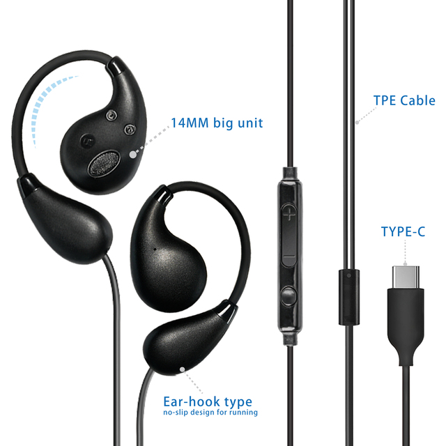 Mobile Earhook Handsfree Headphones Earbuds Wired Headset Type-C with Mic for Outdoor Music