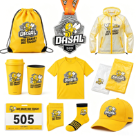 Articles promotionnels écologiques personnalisés avec logo, impression UV : chaussettes de sport pour marathon, casquettes, shorts, t-shirts, débardeurs