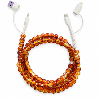 Kabel Pengisi Daya Ponsel 4 in 1 Amber Beaded, Manik-manik Coklat Transparan, USB Type C, Kabel Pengisian Multi, Gaya Vintage