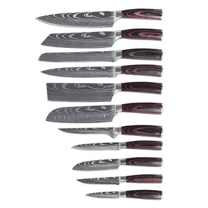 Diskon besar 11 buah set pisau dapur dengan pegangan kayu multifungsi pola Damaskus alat memasak kualitas tinggi