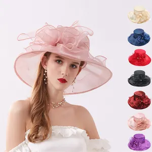 Manufacturer Custom Breathable Party Satin Church Hat Lady Big Wide Brim Wedding Hats For Outdoor Travel Beach