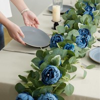 Rangkaian Bunga Mawar Peony Buatan dengan Daun Eucalyptus dan Bunga Sutra, Dekorasi Tanaman Rambat Hijau 100-200cm
