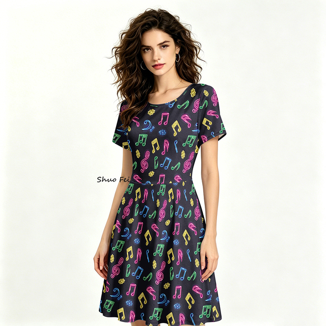 Women's Vibrant Neon Music Note Dress Colorful Musical Symbol Print A-Line Skirt Short Sleeve Summer Artistic Vestidos
