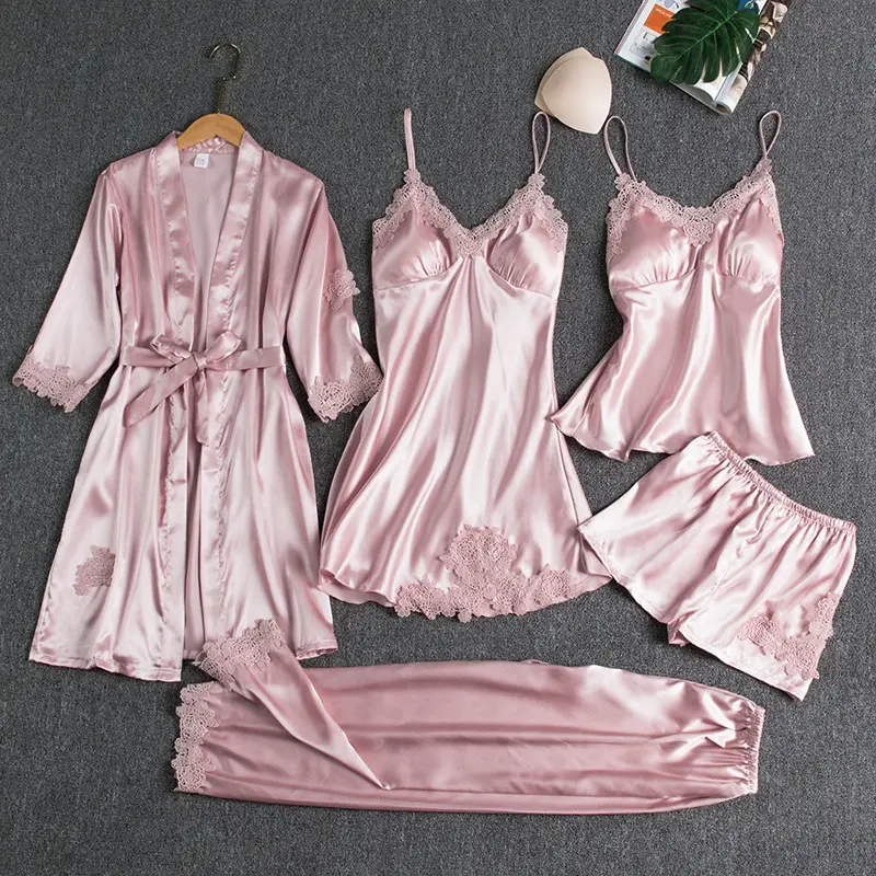 Pijama feminino, venda quente de alta qualidade, feito sob encomenda, sólido, cetim, seda, como robe, conjunto para mulheres, 5 pçs