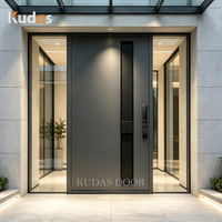 Porte d'entrée pivotante extérieure en aluminium gris moderne, résistante à l'eau, durable, avec panneaux latéraux en verre