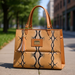 Bolso Tote de Ratán Color Camel para Mujer, Marca Fana Ikia, con Patrón de Serpiente, Gran Capacidad, Casual, con Forro de Cuero y Decoración de Borlas - Product Image 2