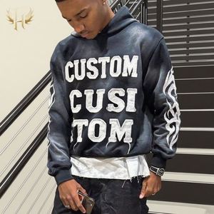 Sweat à capuche streetwear personnalisé pour homme polaire sans ficelle Vintage Double couche lavage à l'acide soleil délavé en détresse sweats à capuche brodés pour hommes - Product Image 2