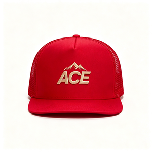 Casquette Trucker personnalisée à 5 panneaux et visière plate, avec broderie du logo ACE Mountain, en toile maillée vierge, fermeture snapback standard, unisexe, pour sports de plein air - Product Image 5