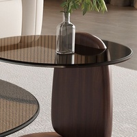 Table basse ronde couleur noyer pour salon, petit appartement, style luxe léger, moderne et minimaliste, table à thé en verre combiné