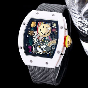 Montre mécanique originale en forme de baril, cadran 3D motif sourire arc-en-ciel, boîtier blanc, bracelet en tissu noir, montre créative et amusante, tendance - Product Image 2