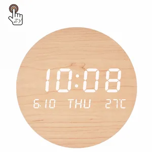デジタル木製LED壁掛け時計時計温度装飾木製LEDケーブル