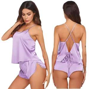 Ensemble pyjama de luxe décontracté pour femme en satin imprimé animal, sans manches, avec short en tissu éponge, col en V brodé - Product Image 6