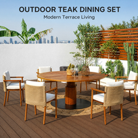 Ensemble de table à manger mobile moderne et minimaliste en teck massif pour l'extérieur, avec chaises tressées, idéal pour les cours, les maisons d'hôtes, les hôtels, les terrasses extérieures et les parcs.
