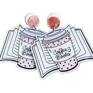 Coffee Cup Shape New Designs Earring Accessories Wholesale Fashion Cartoon Earrings Pink Glitter Acrylic Earrings