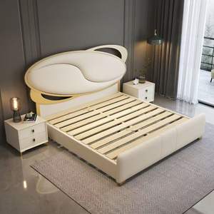 Cama de almacenamiento de elevación de madera con <span class=keywords><strong>Base</strong></span> de acero dorado de lujo italiano, cama de cuero suave Master Home, habitación de Hotel, camas de lujo con luz - Product Image 3