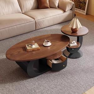 Walnut Wood Coffee <b>Table</b> Modern Oval Design With Storage For Living Room <b>Small</b> Apartment Use - Product Image 3