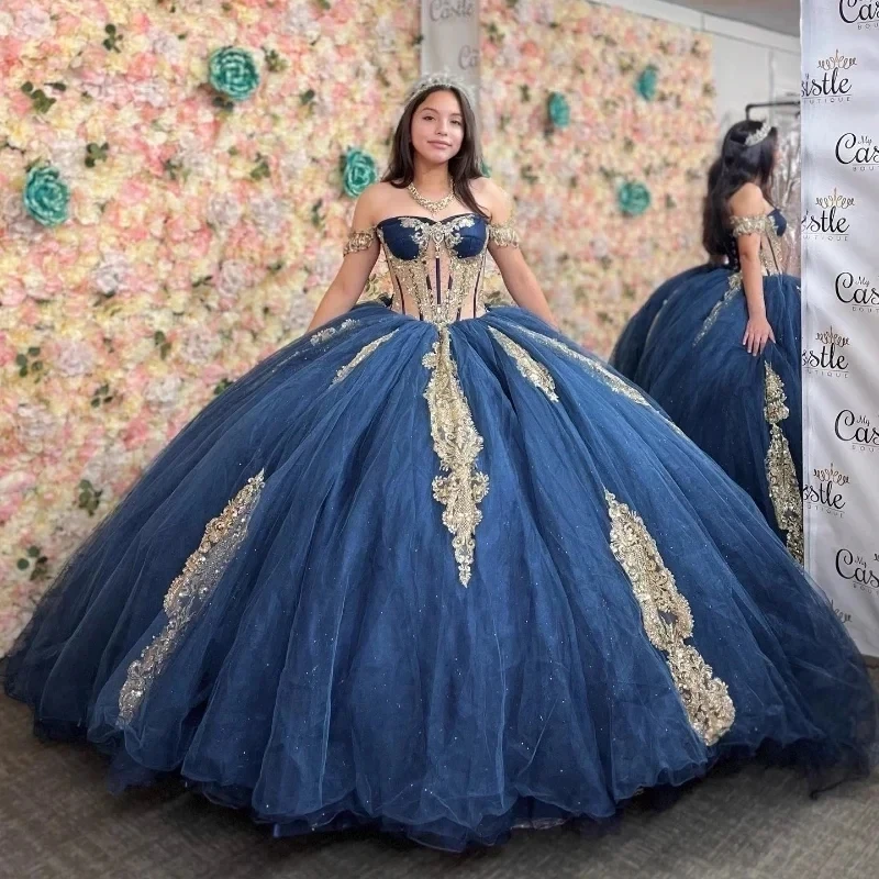 quinceanera dresses gold and blue Royal Blue Long Sleeve Prom Dresses Gold Quinceañera Dress FD1382 vini –  Viniodress