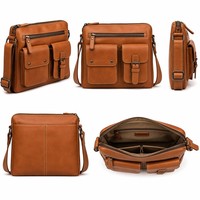 Sac bandoulière multi-poches en cuir de Cognac 3450, sac messager en cuir de vachette tanné végétal, sac à bandoulière avec quincaillerie couleur canon de fusil