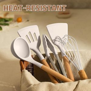 Nonstick 12-Piece Eco-Friendly Kitchen Utensil Set with Food Grade <b>Silicone</b> Wood Handles Stainless Steel Grip Utensil Support - Product Image 4