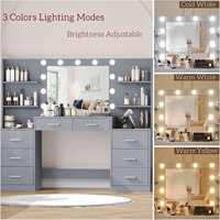 Table de maquillage Miroir Lumineux Power Strip Grand Tiroir Ouvert Commode de Rangement 3 Modes Lumineux Réglable Coiffeuse Gris
