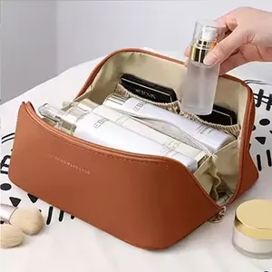 Bolsa de maquiagem portátil em couro PU para viagem, bolsa de cosméticos multifuncional para maquiagem, bolsa de higiene pessoal à prova d'água