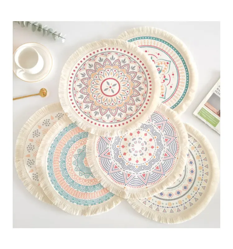 Boho Style Weave Round Cotton Placemat Tableware Mat Pad With Tassel Edge For Plates Cups Kitchen Accessories Utensils