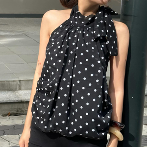 Women's Classy Girly High Neck Polka Dot Print <b>Top</b> with <b>Bubble</b> Hem – Sleeveless Cute Blouse for Summer - Product Image 1