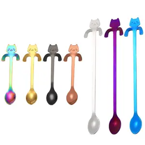 Cute Stainless Steel Cat Teaspoon Mini Ice Cream Spoon Coffee Hanging Cup Gold Spoon