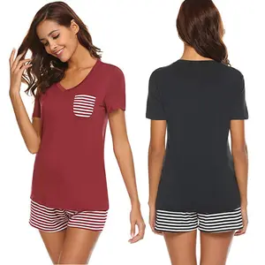 Newest Custom Short Sleepwear For Women Striped Round Neck Short Sleeve For Ladies With 2 Pcs