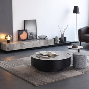 Meuble <span class=keywords><strong>TV</strong></span> moderne et simple, ensemble complet avec meuble surélevé et table basse ronde de luxe en plaque de roche - Product Image 4