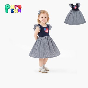 ピュアサン OEM/ODM アメリカ独立記念日 7月<span class=keywords><strong>4</strong></span>日 フラッグハートアップリケ 100%コットン カジュアルで通気性のある女の子用サマードレス 6-12歳 - Product Image 1