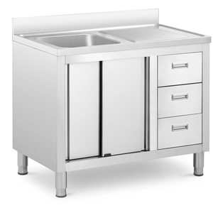 Évier de cuisine professionnel robuste à cuve unique en acier inoxydable avec armoire, tiroirs et égouttoir pour hôtel - Product Image 1