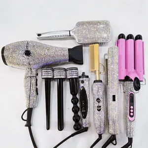 New hot sale 6pcs hair styling tools set bling diamond hair curling set and professional crimp iron