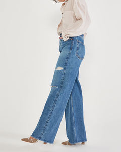 Calça <span class=keywords><strong>jeans</strong></span> de cintura alta, fabricante de logotipo personalizada, <span class=keywords><strong>jeans</strong></span> de cintura alta, namorado, joelho, rip, perna larga, para mulheres - Product Image 2