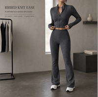 Ensemble assorti deux pièces pour femme, personnalisé en gros : Veste courte côtelée à demi-zip et pantalon évasé taille haute, pour le yoga, l'entraînement et les activités sportives